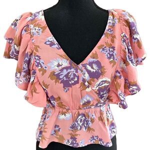 Hiatus ruffle sleeve faux wrap peplum style floral top, size M.